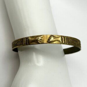 Vintage Brass Open Cuff Bracelet Hand & Floral Motif 7.5” Mid-century